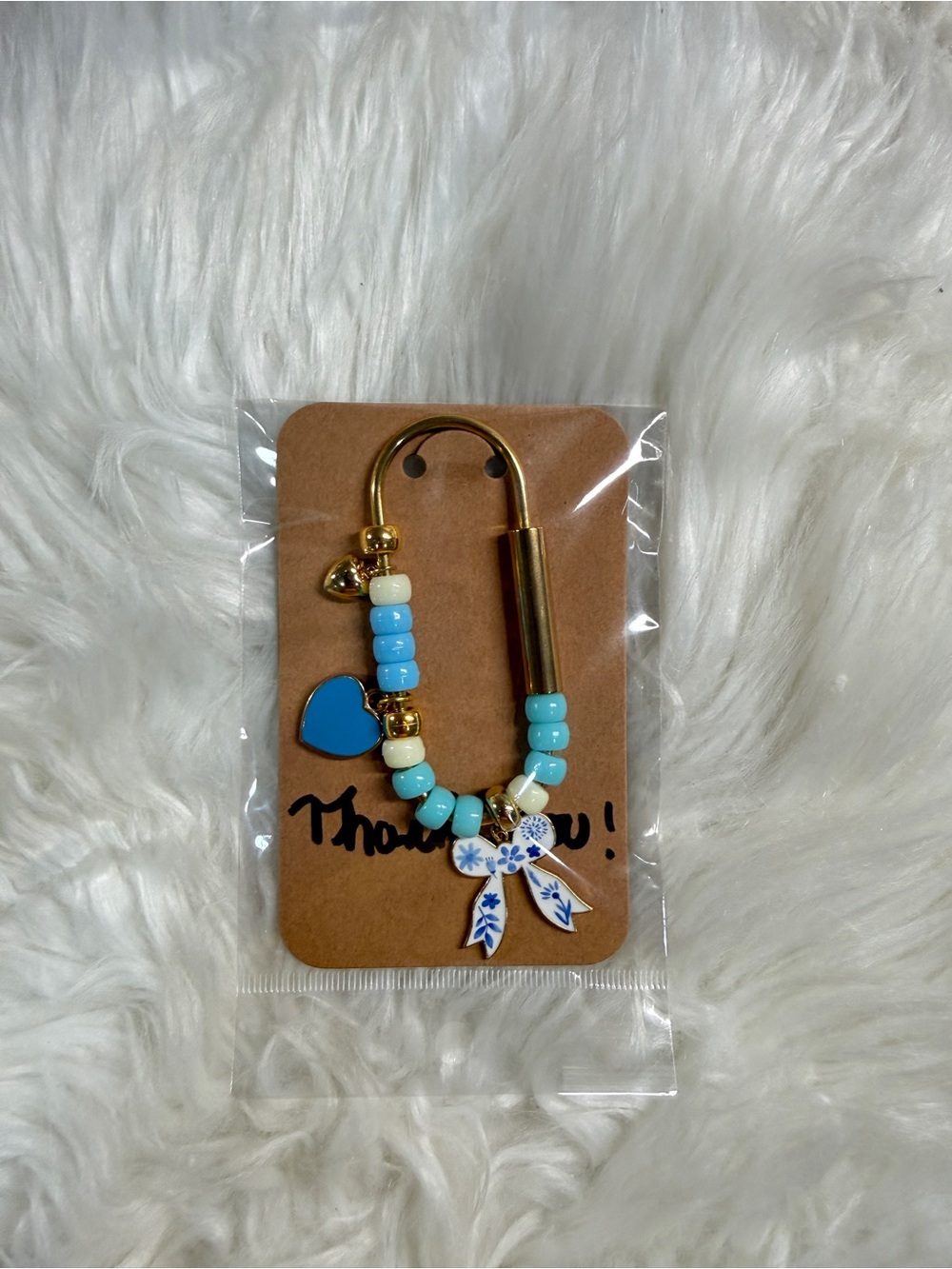 Gold & Aqua Beaded Keychain with Blue Heart Charm